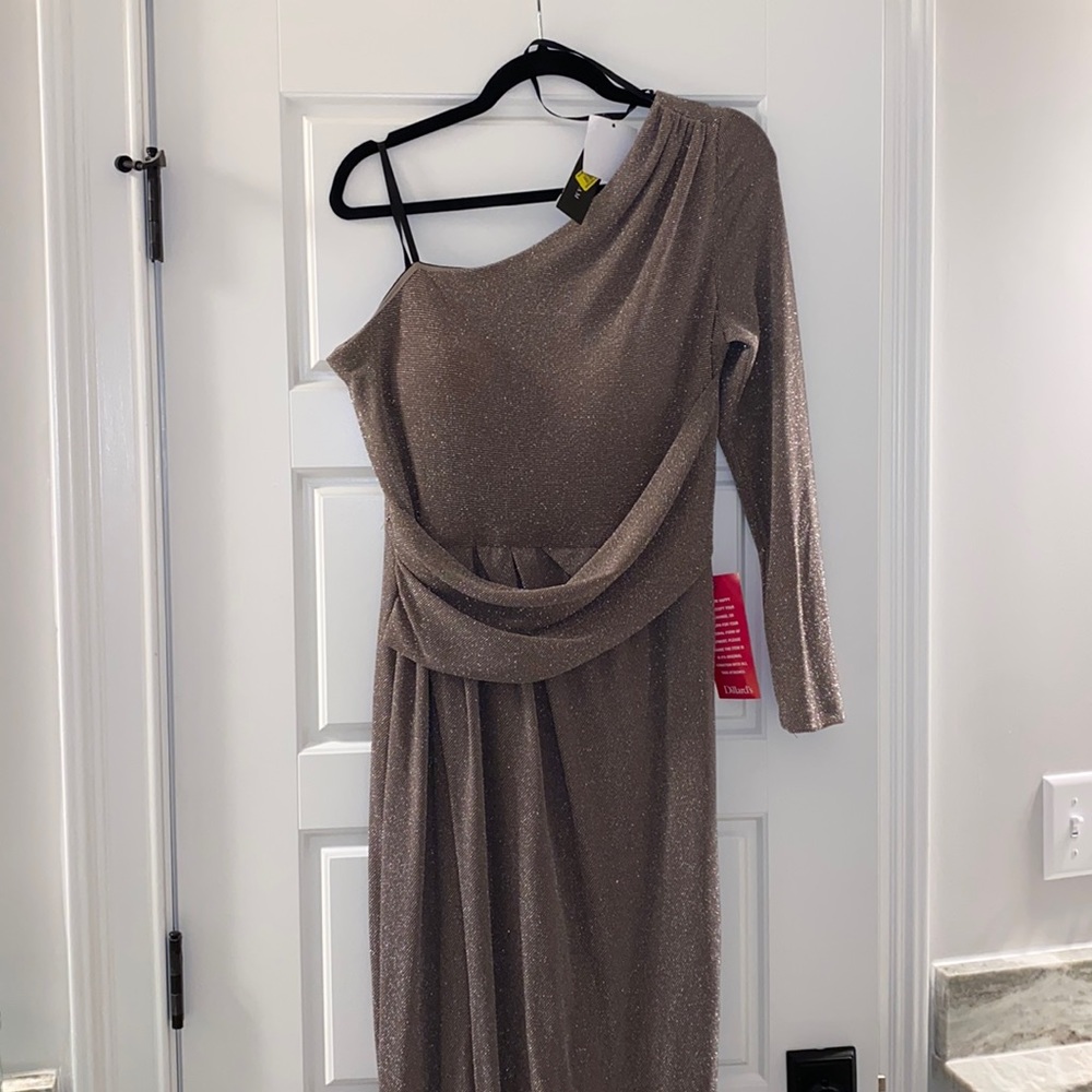 NWT Gold One Shoulder Floor Length Cocktail Dress Size 14